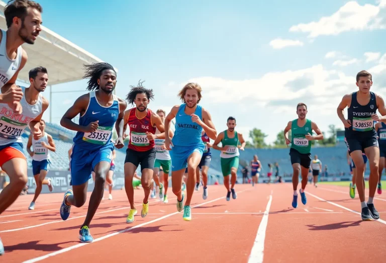 Athletes competing in a vibrant track and field event