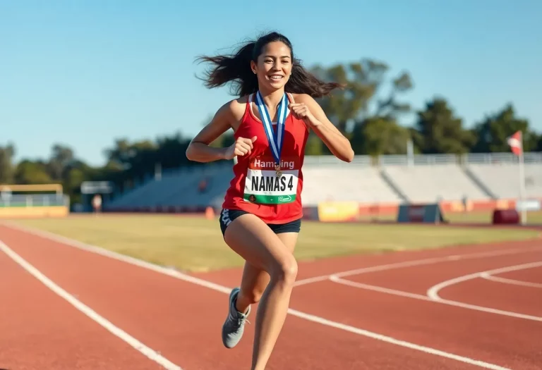 Female athlete running on track with medals and ribbons