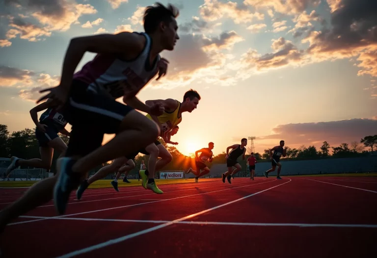 Athletes competing in a track and field event during sunset.