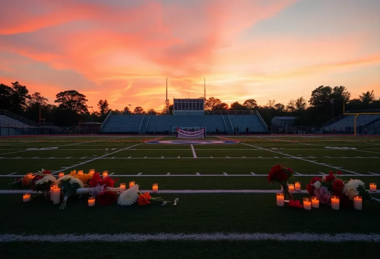 A memorial tribute for the late coach Mike Williamson at a football field