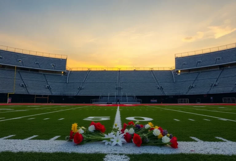 Empty football field with flowers, honoring Kenneth Hall