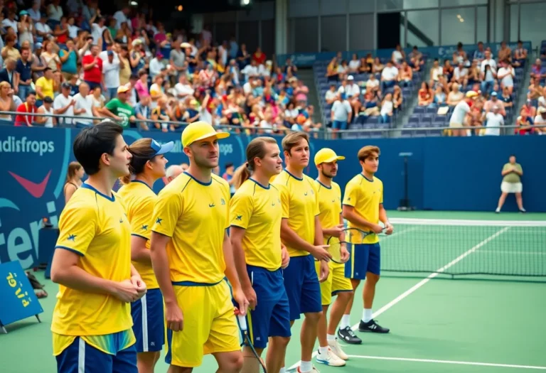 Tupelo tennis team playing a match with fans cheering.