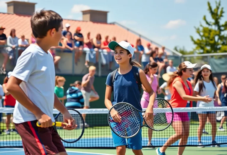 High school students competing in a tennis match during the National High School Tennis Tournament.