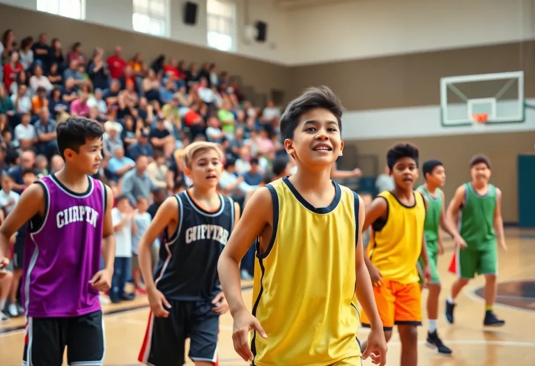 Young basketball players competing on a court