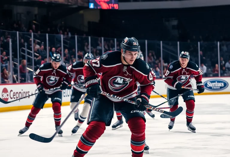 Hockey players competing during an intense game on the ice.