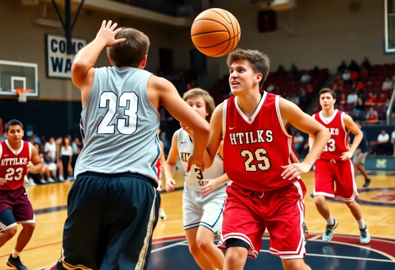 High school basketball players competing in a game