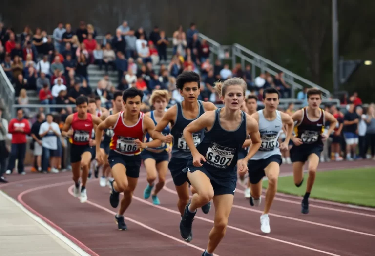 High school athletes competing in a relay race with tense atmosphere.