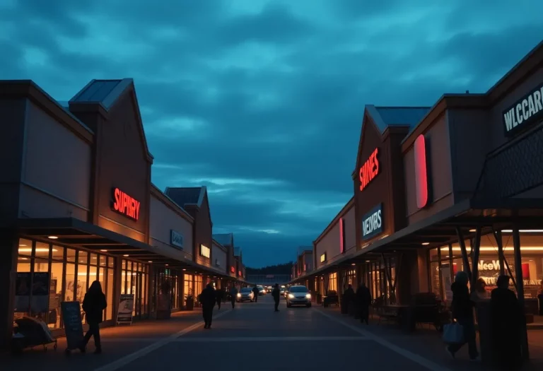 Shopping center at dusk with a tense atmosphere