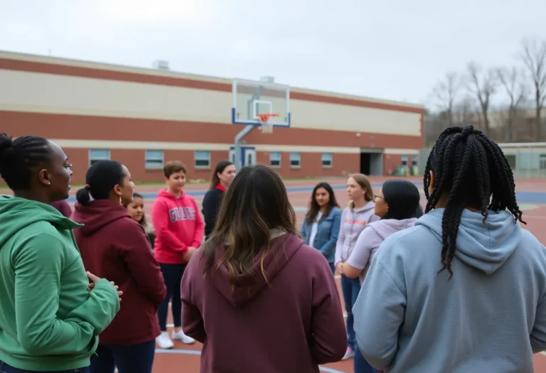 Community members gathering for support outside a high school