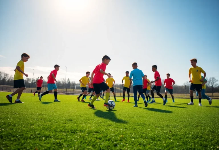 Winder soccer team training together on a green field