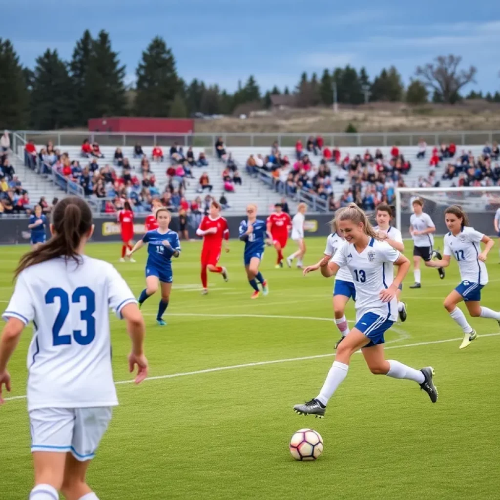 High school soccer players competing on a field in Wyoming